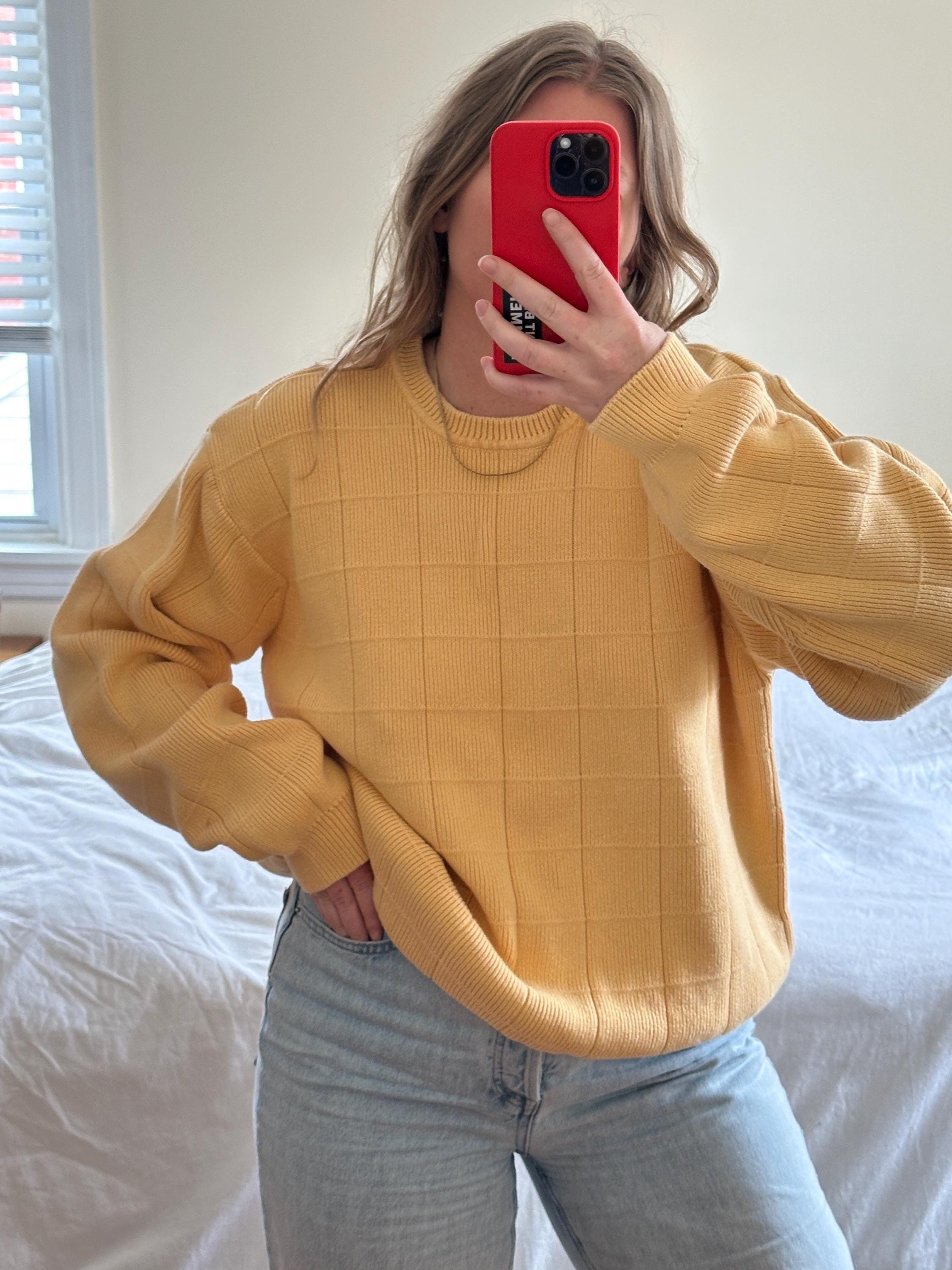 Vintage yellow windowpane sweater, 90s yellow sweater, oversized yellow sweater