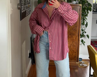 Vintage Oversized Red Striped Button Down Shirt: 90s Fit
