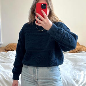 Vintage dark blue patterned Sweater, oversized blue sweater, navy blue patterned sweater, vintage clothing, knit pullover