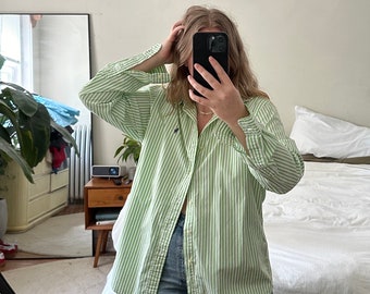 Ralph Lauren green and white striped button down, Oversized striped shirt, boyfriend shirt, green and white striped shirt