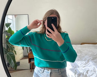 Vintage striped green sweater, patterned sweater, vintage clothing, teal sweater