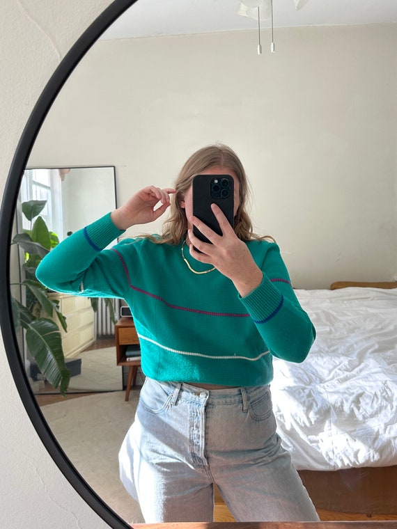 Vintage striped green sweater, patterned sweater, 