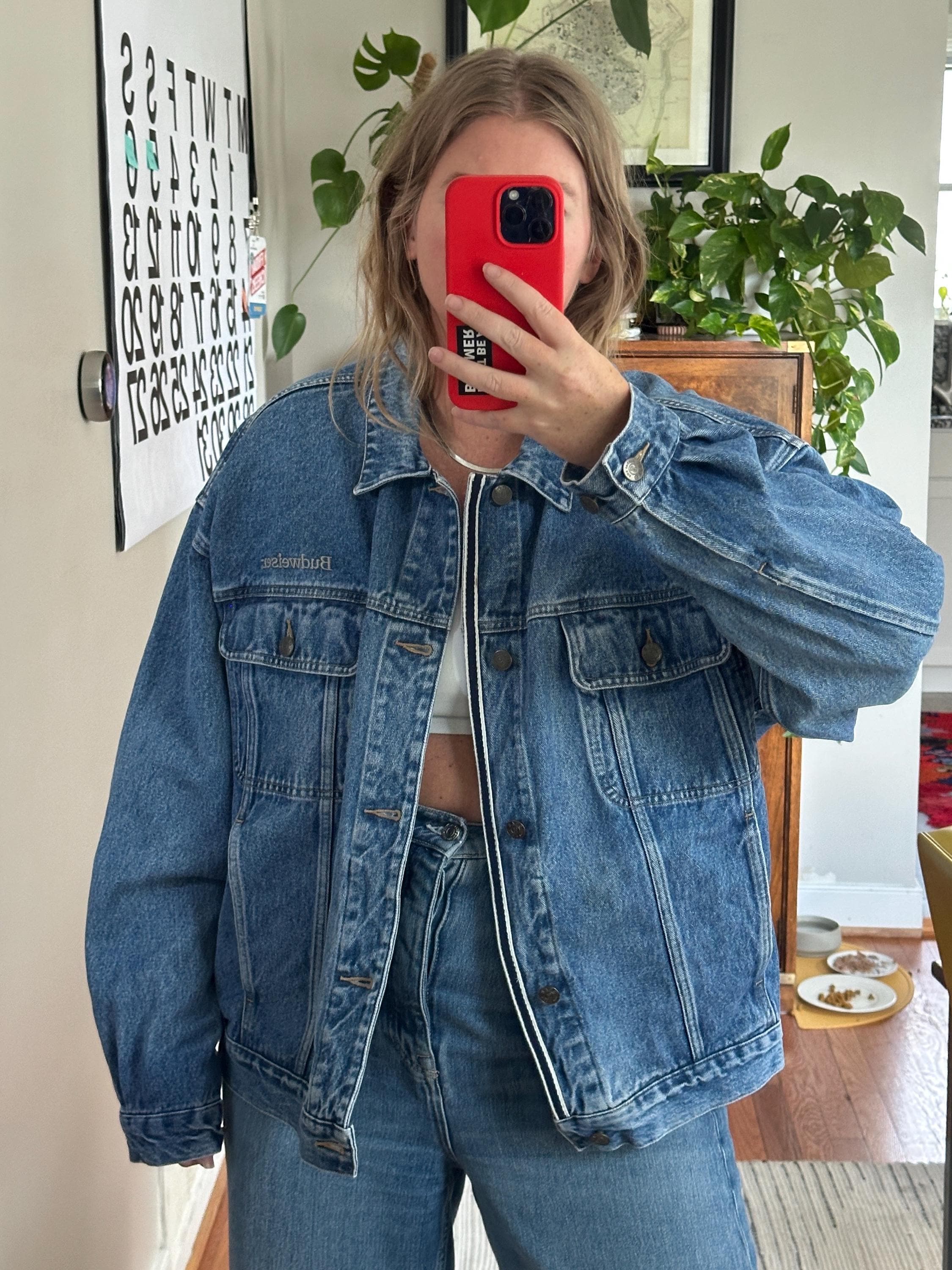 Vintage Budweiser Denim Jacket: Embroidered Logo, Oversized