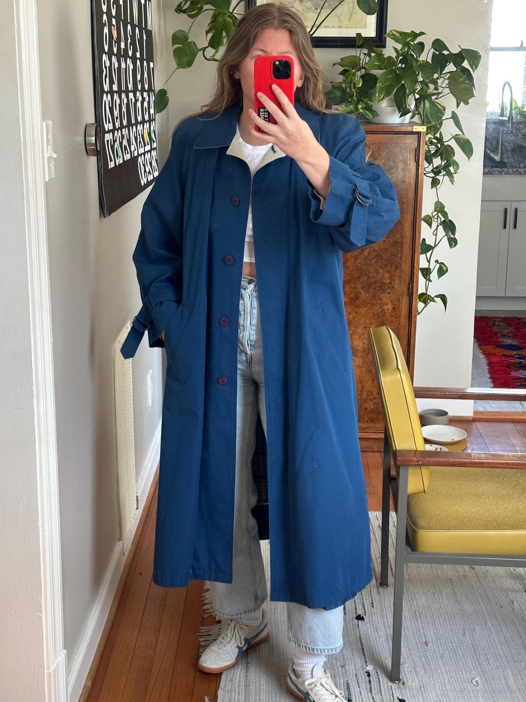 Vintage Blue Trench Coat: Oversized Full-length Cotton Blend
