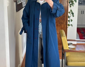 Vintage Blue Trench Coat: Oversized Full-Length Cotton Blend