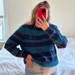 Vintage Chaps Striped Cotton Sweater: Teal & Navy Blue