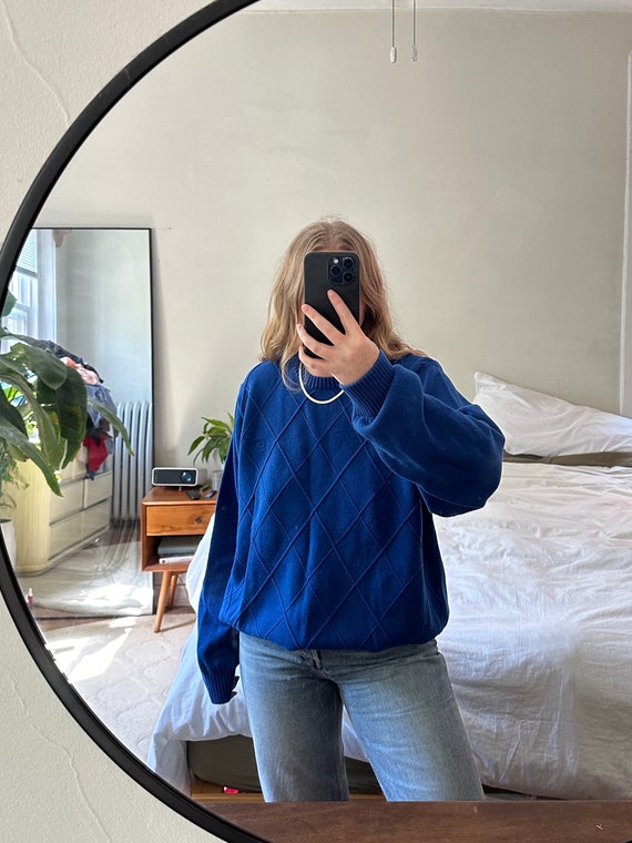 Vintage bright blue windowpane sweater, Oversized 