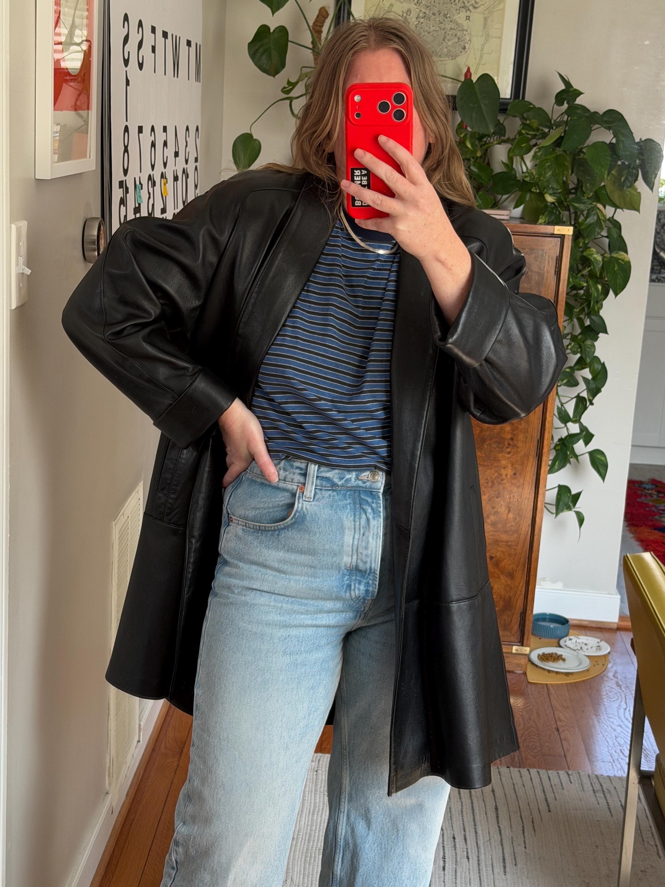 Vintage Black Leather Dero by Rocco D'amelio Mid Length Coat