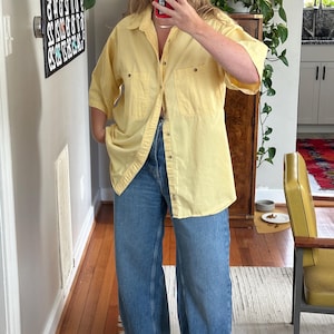 Vintage Oversized yellow short sleeve button down, Vintage Button Down, butter yellow shirt, oversized yellow short sleeve shirt