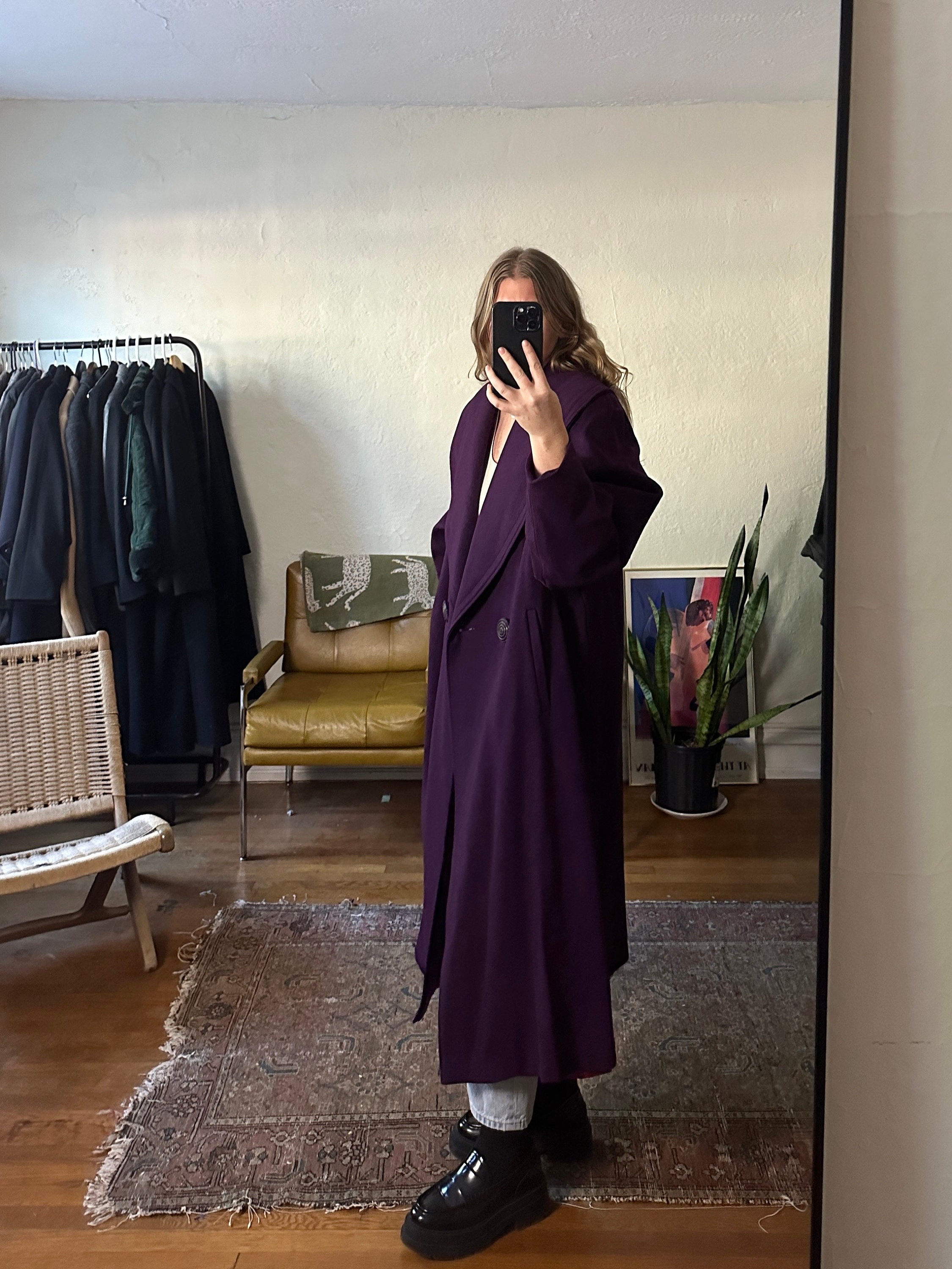 Long Plum Purple Coat With Belt And Wide Lapel