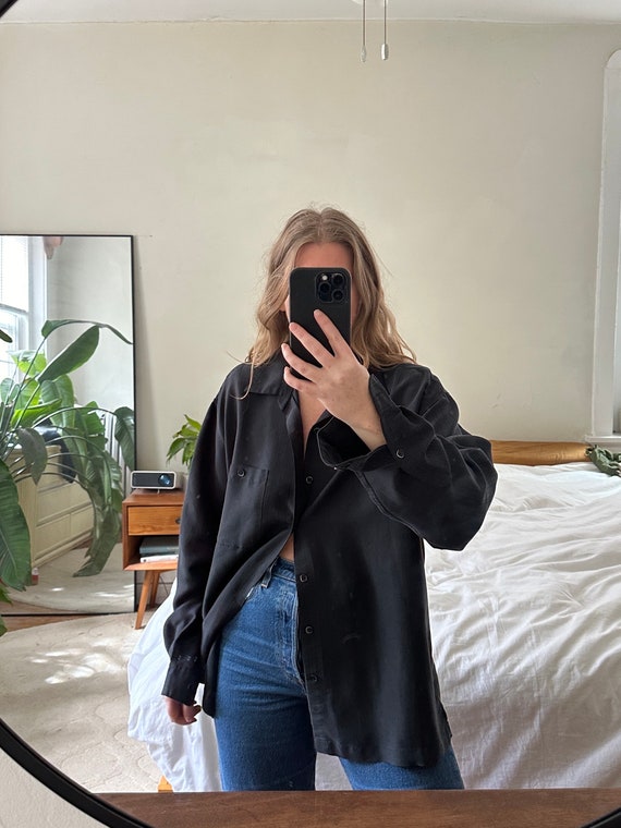 Vintage black silky button down, Oversized black … - image 3