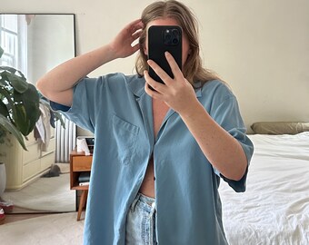 Vintage blue silk Button Down, Oversized light blue shirt, oversized short sleeve button down, boyfriend shirt