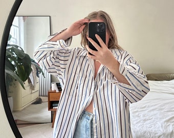 Vintage Oversized white striped Button Down, Oversized striped shirt, oversized button down, white striped boyfriend shirt