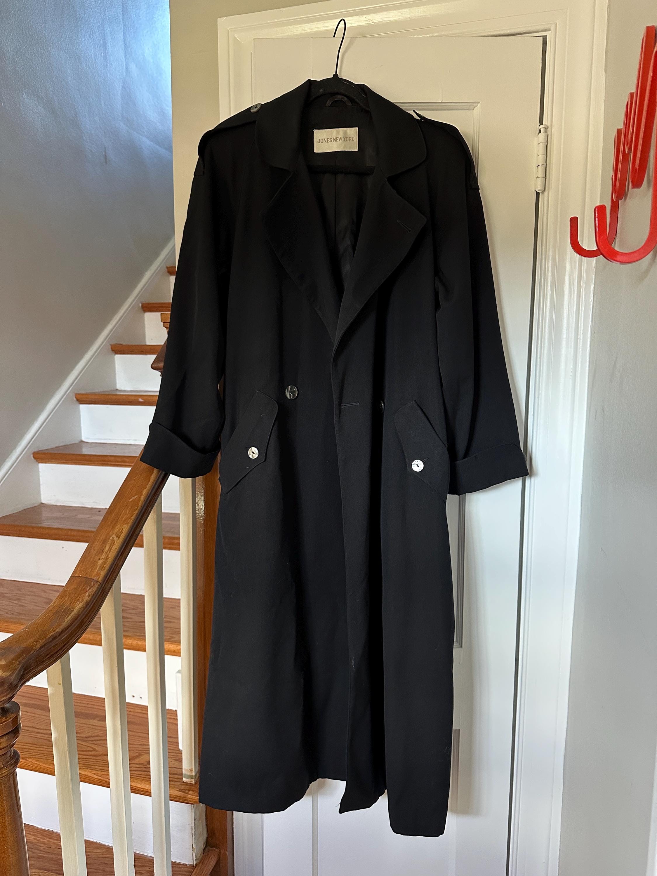 Vintage Black Oversized Wool Trench Coat: 90s Style, Made in USA