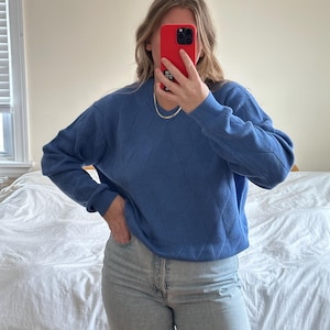 Vintage gorgeous blue sweater, Oversized blue patterned sweater with petite vneck, blue argyle pullover, Pima cotton sweater