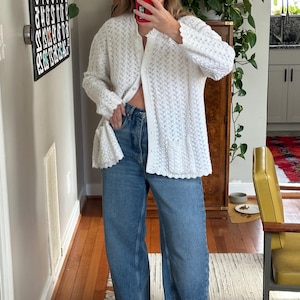 Vintage Lacy White Cardigan: 80s Button-Up Sweater