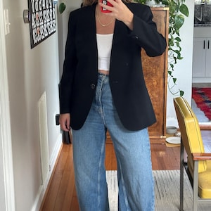 Vintage Collarless Black Wool Blazer: Oversized Boyfriend Fit