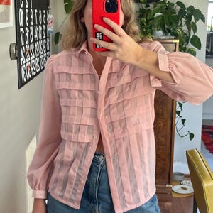 Vintage light pink blouse button down, light pink shirt, plaid pink shirt, 80s pink shirt