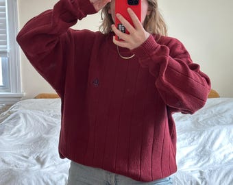 Sweter Vintage Izod Burgundy Cotton: Prążkowany sweter