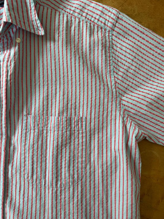 Button Down Striped Field Shirt【USED】 Vintage Striped Seersucker Shirt: Oversized Cotton Button