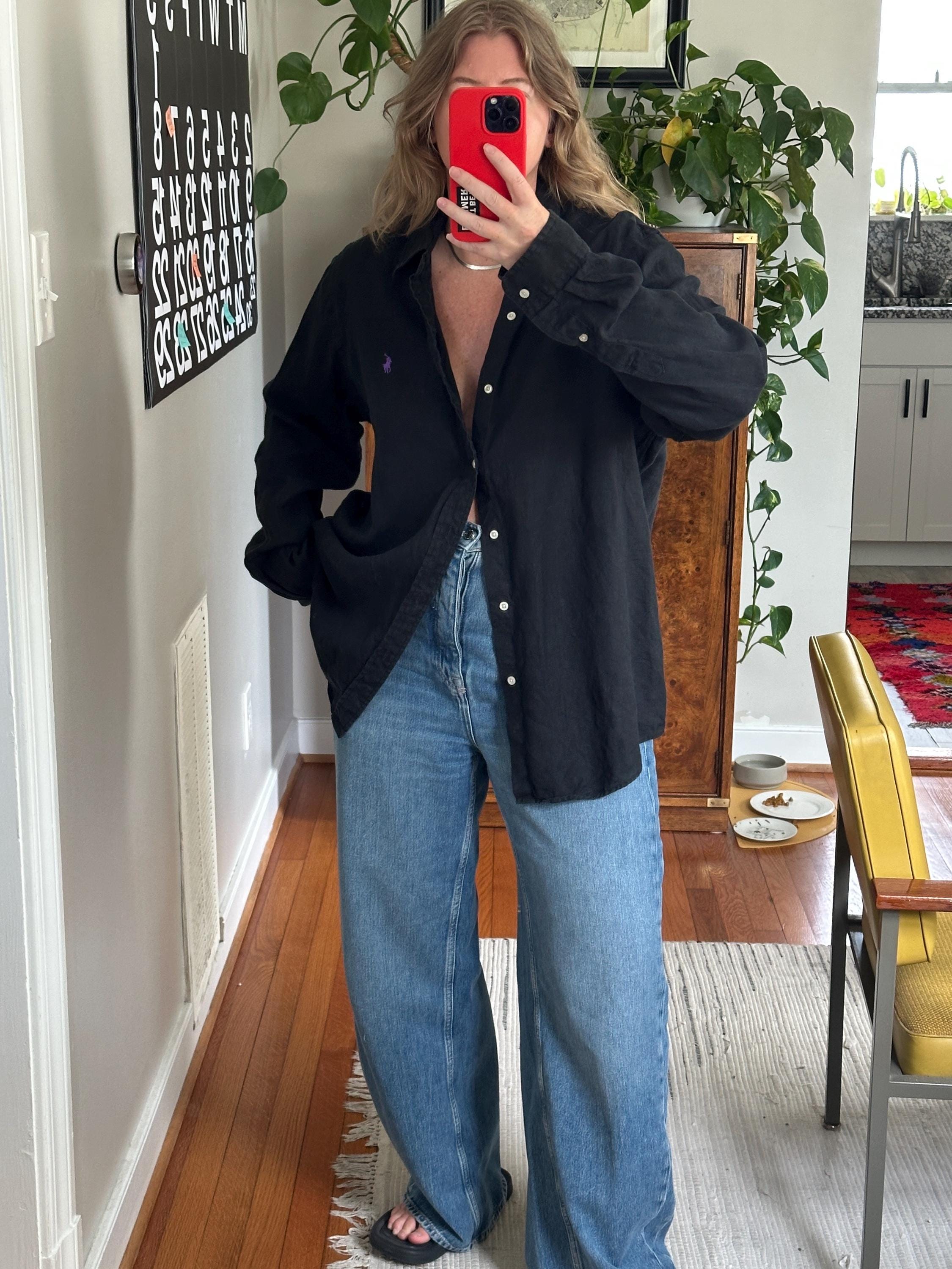 Vintage Black Linen Ralph Lauren Button Down, Oversized Black 