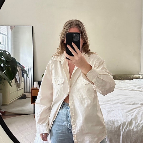 Vintage 90s off-white Button Down, Oversized white shirt, oversized cream button down, boyfriend shirt