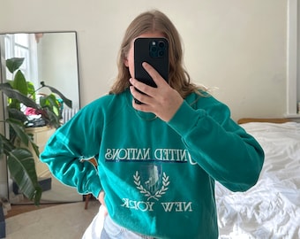 Vintage United Nations New York Sweatshirt: Teal Green Oversized Pullover
