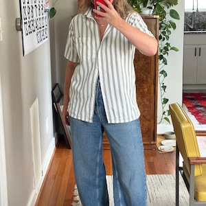 Vintage Striped Cotton Button-Down Shirt: Sage Green & White, Oversized Fit