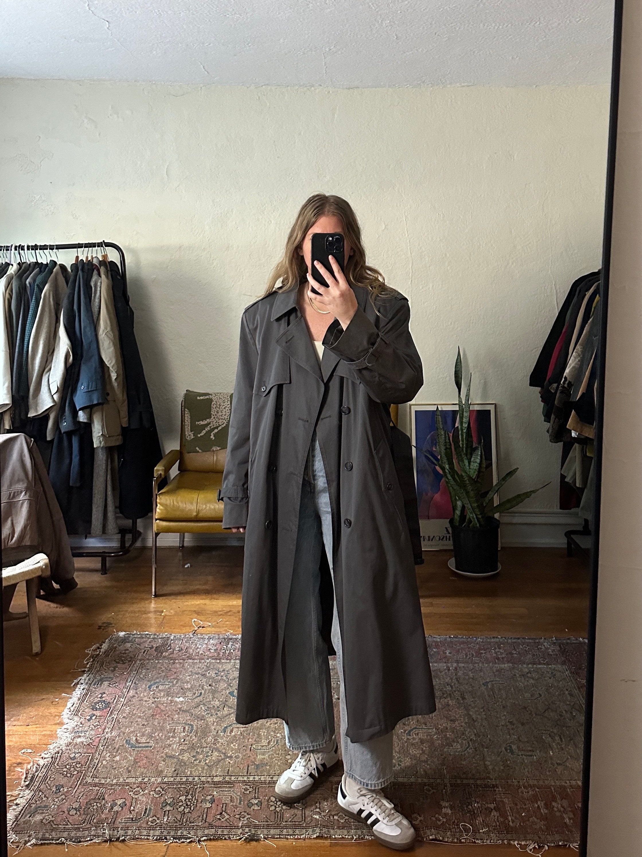 Vintage Gray Trench Coat, dark gray trench, Oversized gray trench  