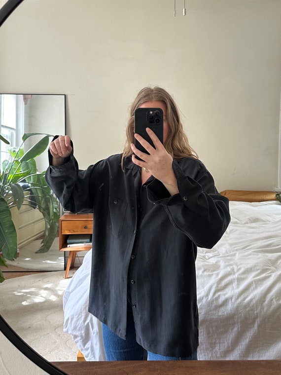 Vintage black silky button down, Oversized black … - image 5