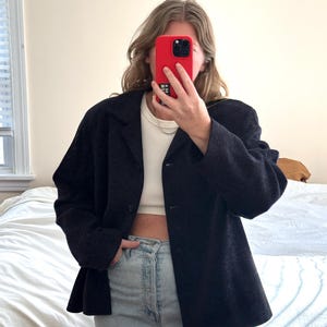 Vintage Navy Blue Tweed Cropped Jacket - Classic Collar