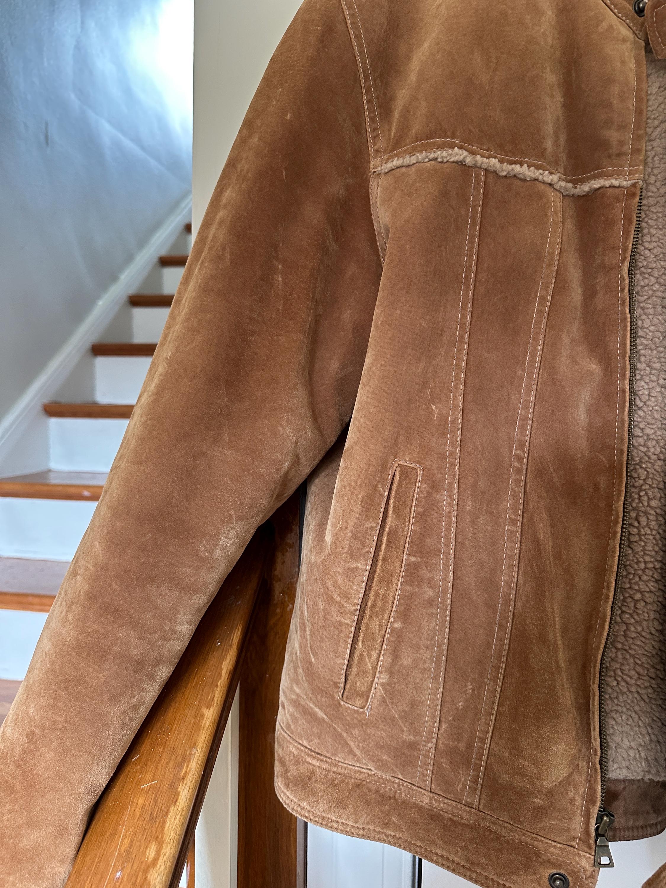 Vintage Tan Suede Leather Moto Jacket With Faux Sherpa Lining