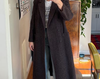 Vintage Dark Gray and Mauve Herringbone Wool Coat - 80s Style