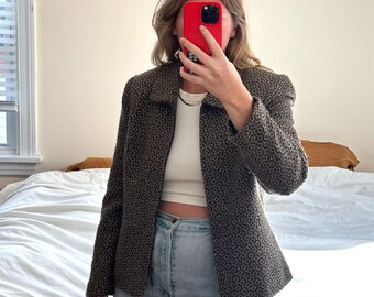 Chaqueta corta marrón vintage, chaqueta corta marrón estampada, chaqueta de cuello clásico, chaqueta de tweed