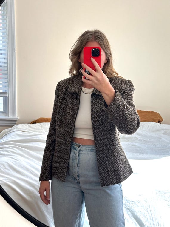 Vintage Cropped Tweed Jacket: Brown Woven Wool Bl… - image 1