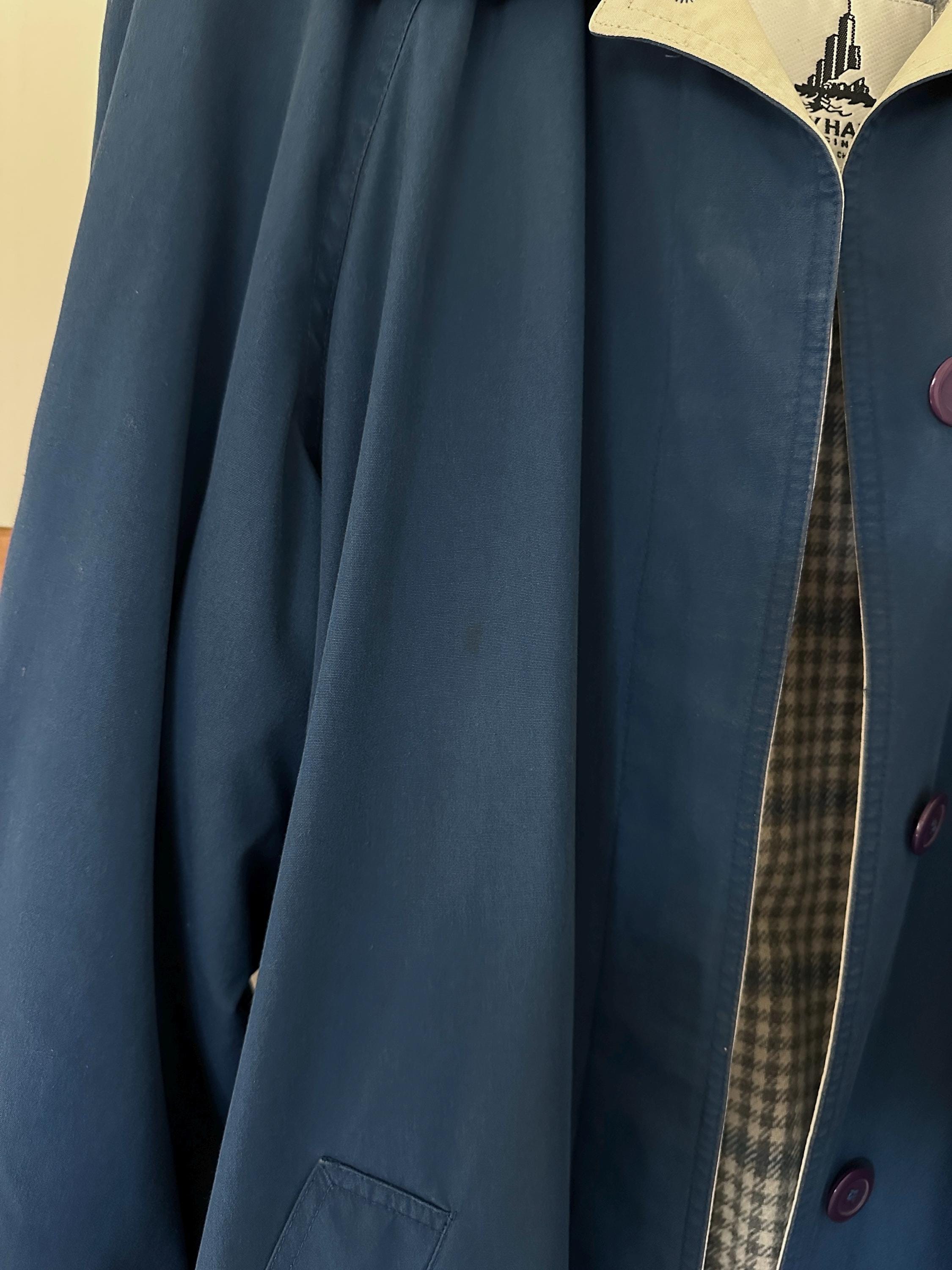 Vintage Blue Trench Coat: Oversized Full-length Cotton Blend
