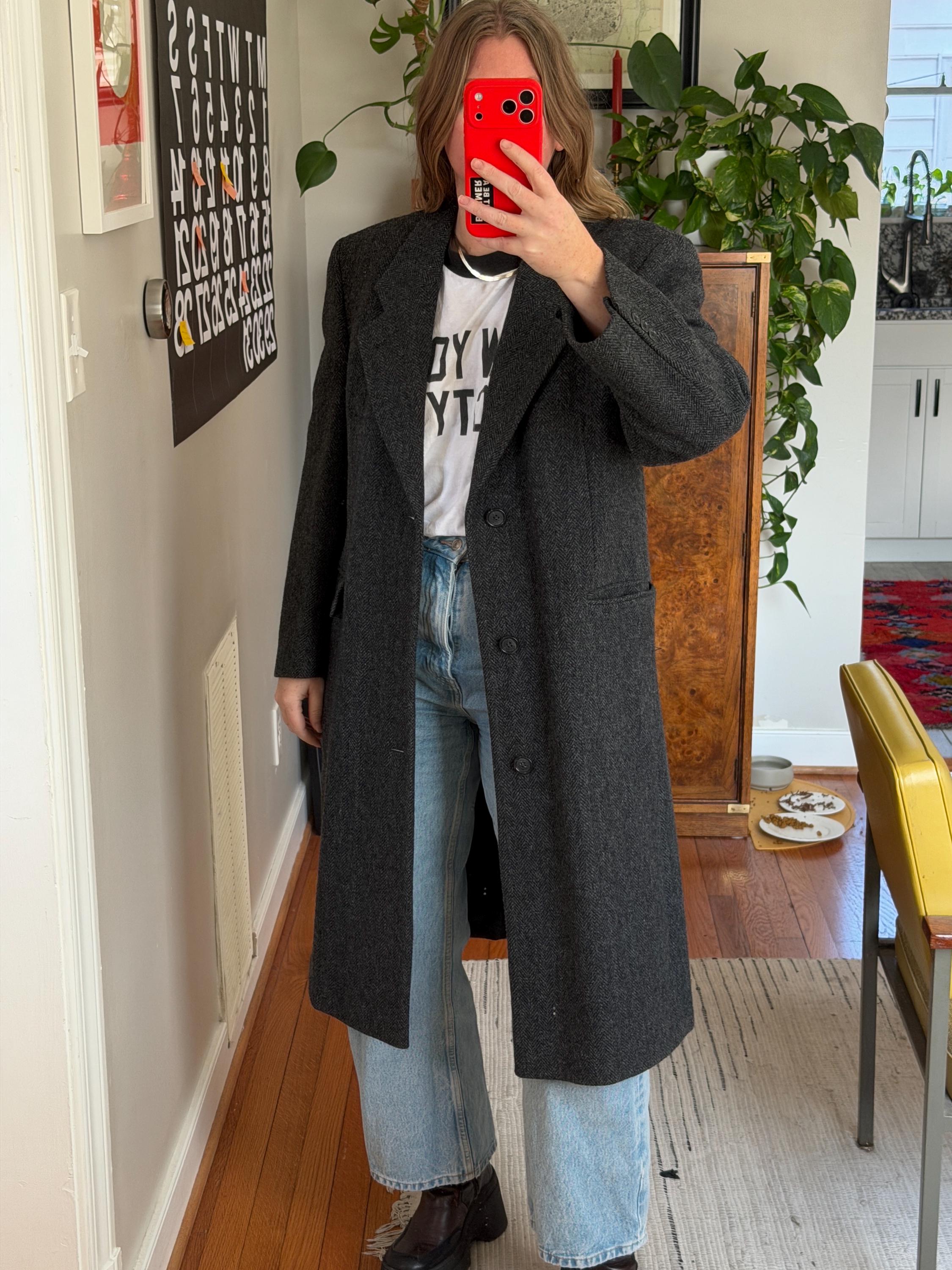 ジャケット・アウター 90's Vintage Dark Gray Maxi Wool Coat Vintage Dark Gray Herringbone Wool Coat - Oversized 80s Fit - Etsy