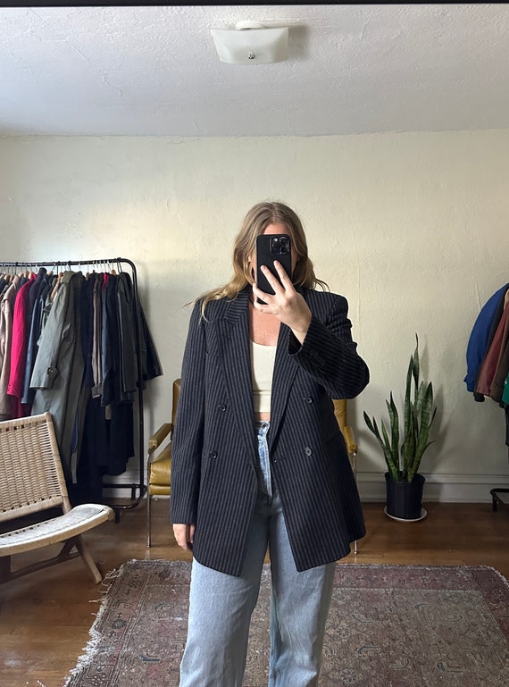 Vintage Navy Striped Wool Blazer, striped dad blaz