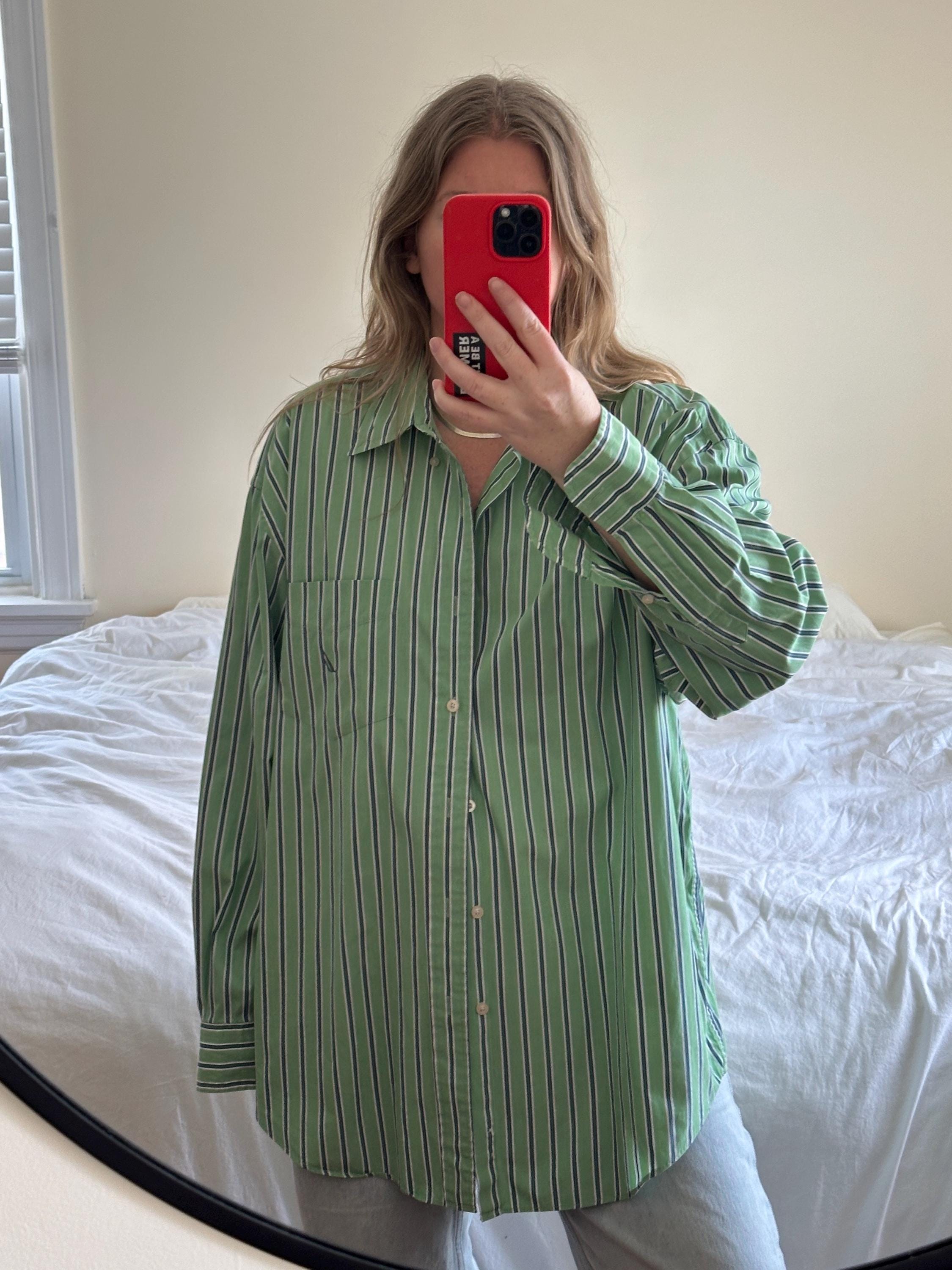 緑縞 80s makers broad stripe button down Oversized Green Striped Button Down, Oversized Striped Shirt