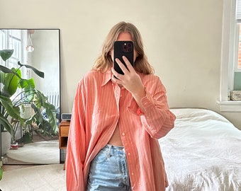 Vinatge gestreifte Button Down, lachsfarbener Button Down, Chaps Oversized Shirt, Oversized pink Shirt, Boyfriend Shirt, pink Button Down