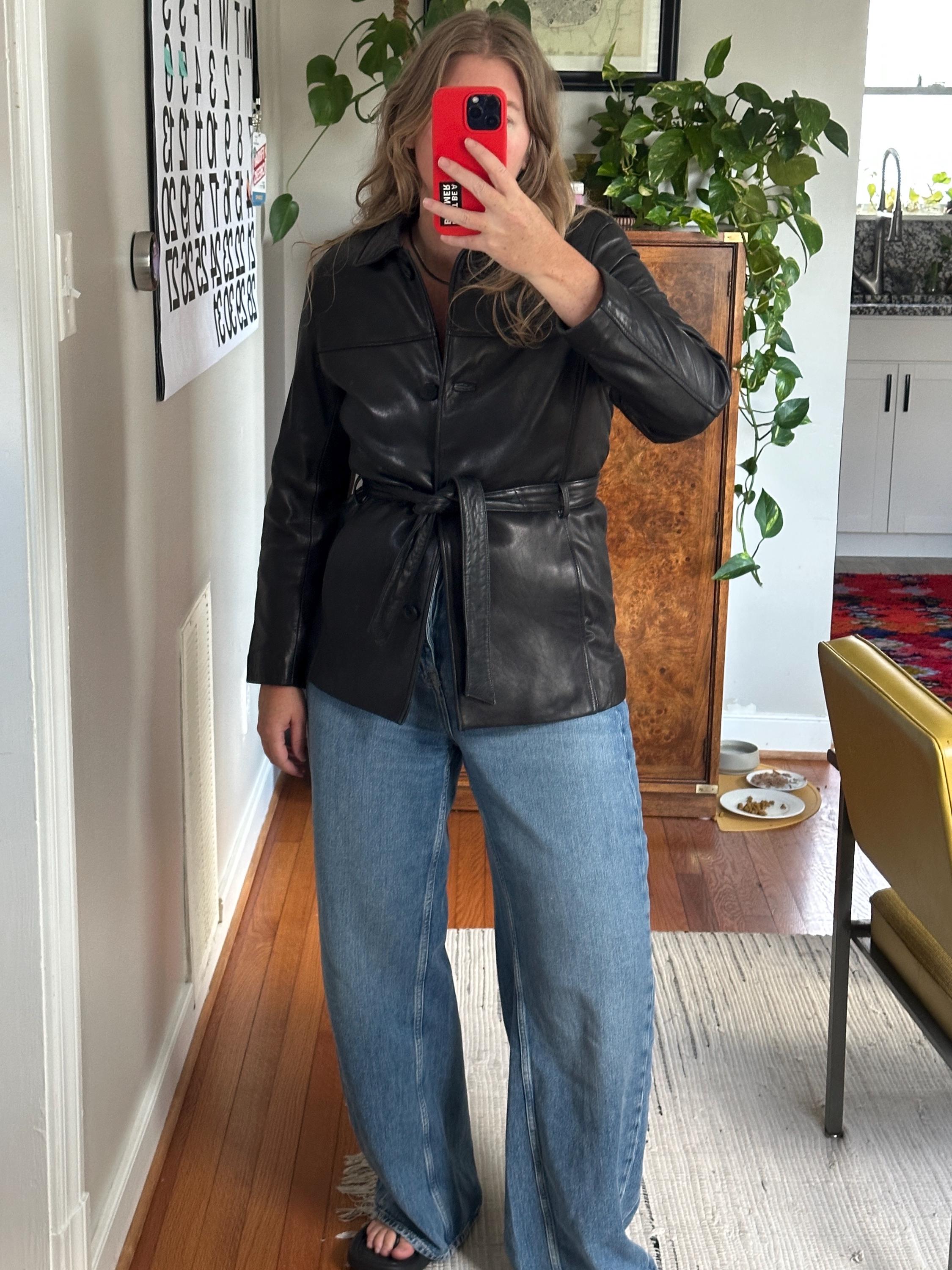 Vintage Black Leather Jacket With Belt: 80s Retro Coat - Etsy
