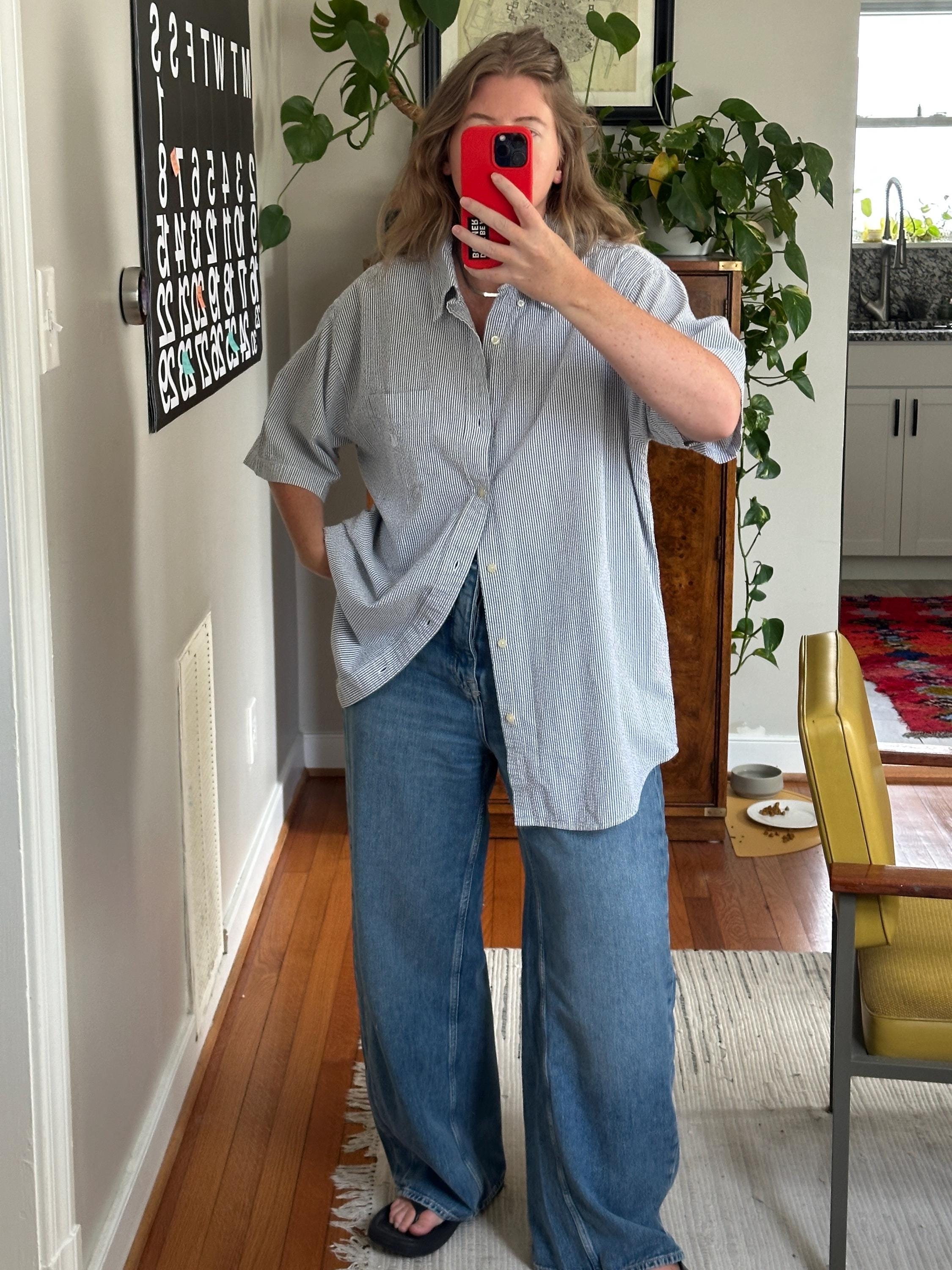 Vintage Seersucker Striped Shirt: Oversized Blue & White