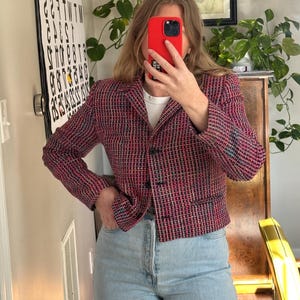 Vintage Handwoven Silk Cropped Jacket: Pink Plaid, Chanel-Inspired