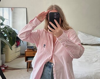 Ralph Lauren pink and white striped button down, striped shirt, Oversized pink shirt, boyfriend shirt, Striped button down, pink polo