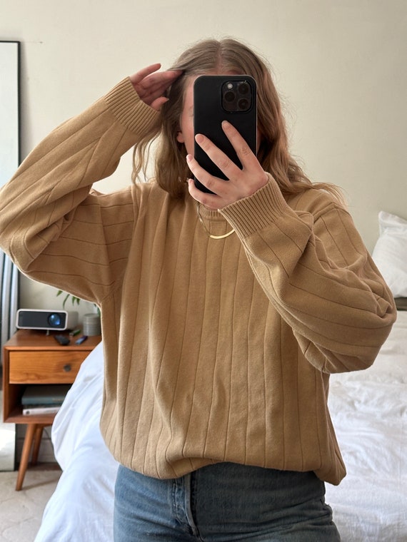 Vintage tan stripe sweater, Oversized tan sweater,