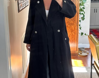 Vintage Black Oversized Wool Trench Coat: 90s Style, made in USA
