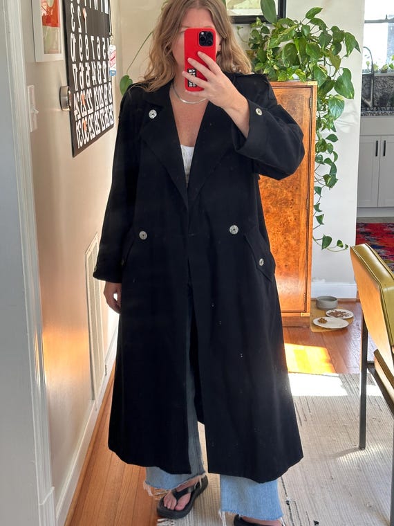 Vintage 80s 90s ロングコート トレンチコート ウール ブラック Vintage Black Oversized Wool Trench Coat: 90s Style, Made in USA