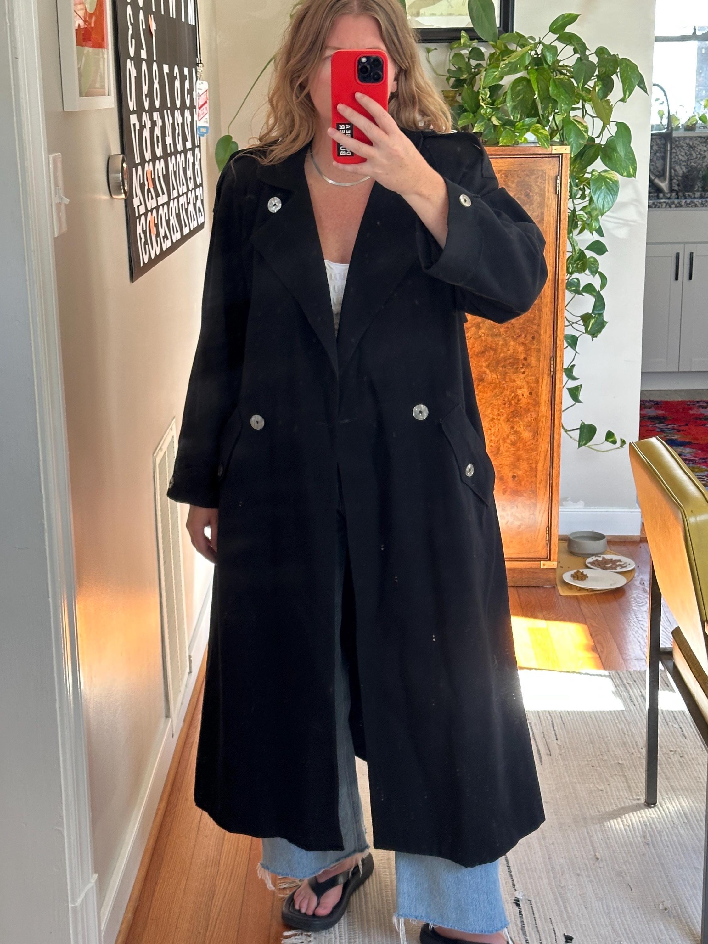 Vintage Black Oversized Wool Trench Coat: 90s Style, Made in USA
