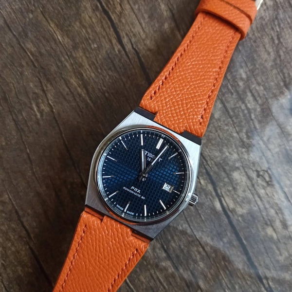 Handmade leather strap for tissot prx orange and green from Saffiano. From the master of handmade leather work