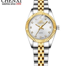 Timeless Elegance: CHENXI Women's Quartz Watch – Golden & Silver with Classic White Dial, Luxury Gift, Waterproof Datejust Wristwatch"